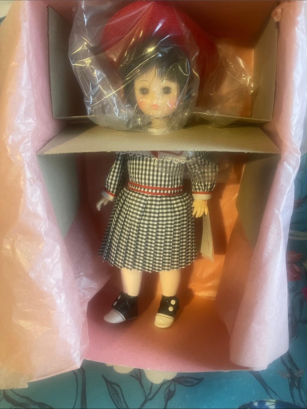 Madame Alexander Doll “GIGI”in Black & White Gingham Dress with Red Hat